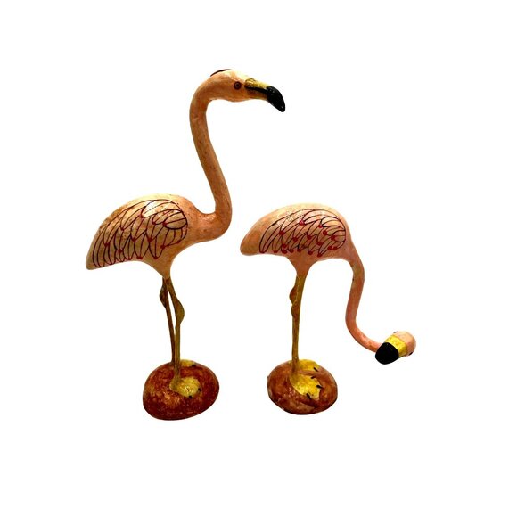 Vintage Paper Mache Pink Flamingo Figurines Set Of 2 Detailed Feathers - Picture 1 of 6